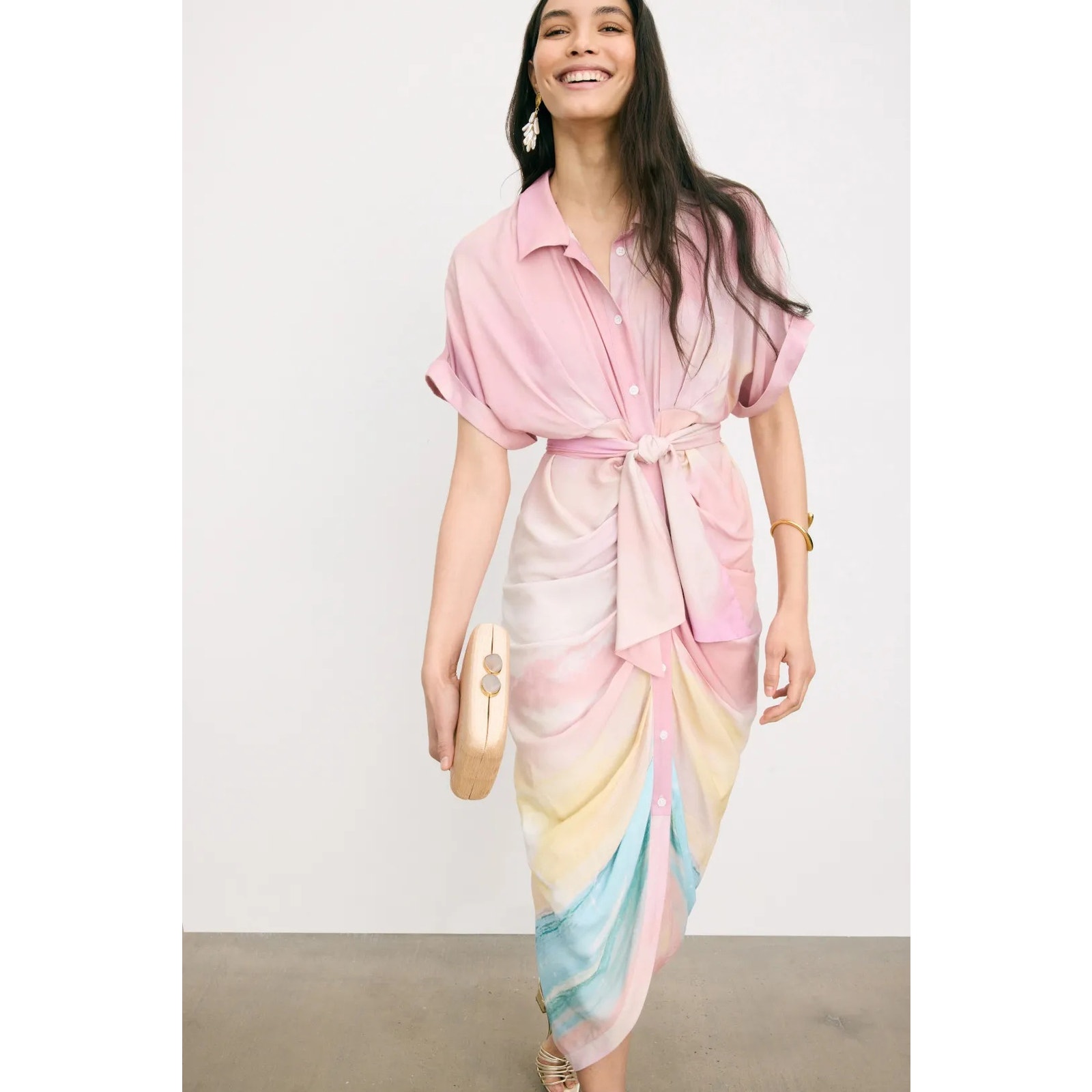 Le Superbe Sparkling Surf Miko Shirt Dress Short Sleeve Draped Midi Pink Ombre 4